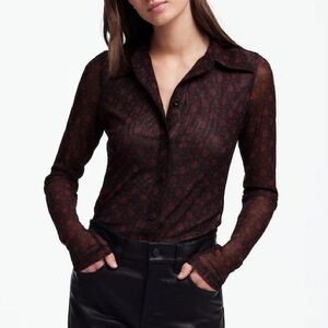Madewell Long-Sleeve Button-Front Top in Floral Mesh